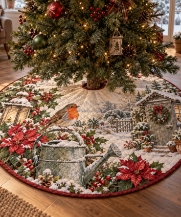Hand-Embroidered Garden Robin Quilted Tree Skirt - Charming Bird Motif Christmas Tree Skirt For Cottage & Farmhouse Holiday Decor