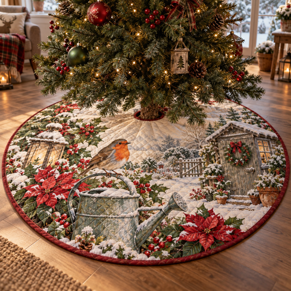 Hand-Embroidered Garden Robin Quilted Tree Skirt - Charming Bird Motif Christmas Tree Skirt For Cottage & Farmhouse Holiday Decor