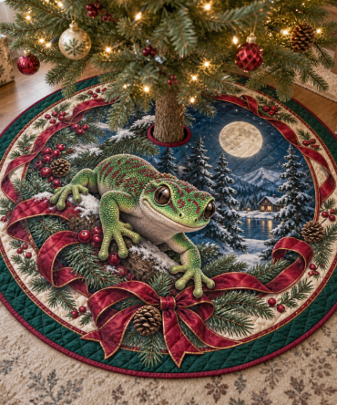 Gecko-Themed Quilted Holiday Tree Skirt — Reversible Plush Mat, Machine Washable, Cute Reptile Christmas Décor For Pet Lovers
