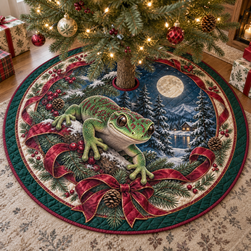 Gecko-Themed Quilted Holiday Tree Skirt — Reversible Plush Mat, Machine Washable, Cute Reptile Christmas Décor For Pet Lovers
