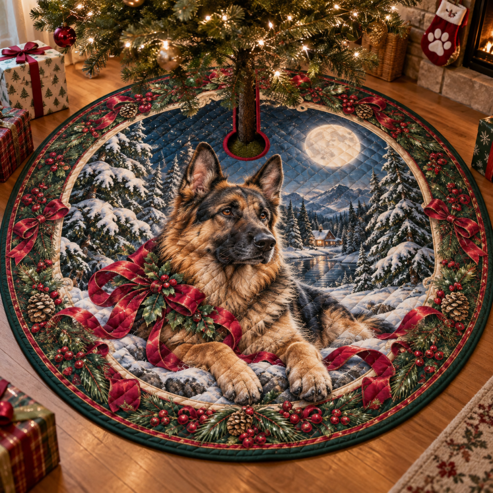 German Shepherd Quilted Holiday Tree Skirt — Rugged Plush Christmas Base, Protective Padding, Easy-Care & Perfect Gift For Shepherd Owners