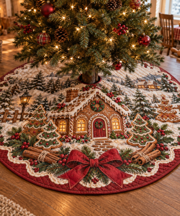 Festive Gingerbread Bakery Quilted Tree Collar — Reversible Christmas Tree Skirt, Cozy Holiday Decor, Machine-Washable & Durable