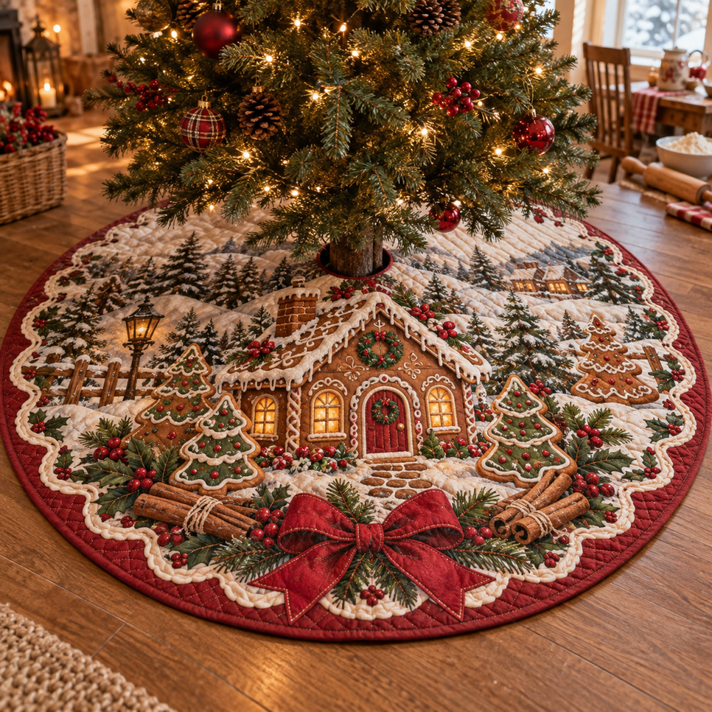 Festive Gingerbread Bakery Quilted Tree Collar — Reversible Christmas Tree Skirt, Cozy Holiday Decor, Machine-Washable & Durable