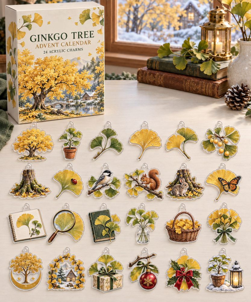Golden Ginkgo Leaf Advent Calendar - 24 Acrylic Charms, Reusable Botanical Countdown Gift For Home Decor & Plant Enthusiasts