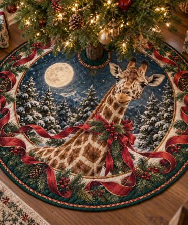 Cozy Quilted Giraffe Holiday Tree Skirt — Tall Giraffe Pattern Christmas Tree Skirt, Soft Patchwork, Machine-Wash Friendly Rustic Charm