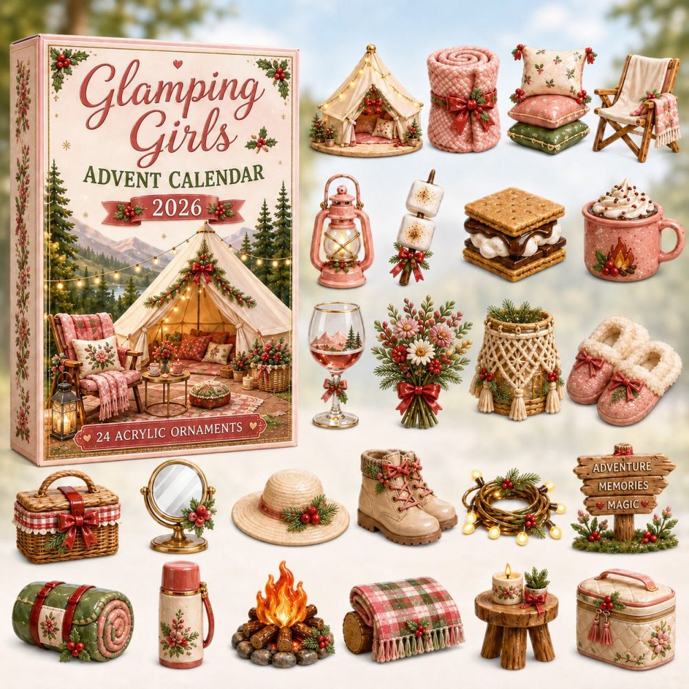 Glamping Girls Advent Calendar 2026 — 24-Day Acrylic Charm Countdown, Trendy Outdoor Chic Holiday Gift For Her