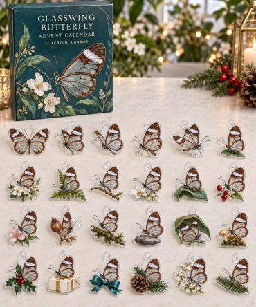 Premium Holiday Countdown Set — 24 Collectible Glasswing Butterfly Acrylic Charms , Gift, Keychains, Stocking Stuffers