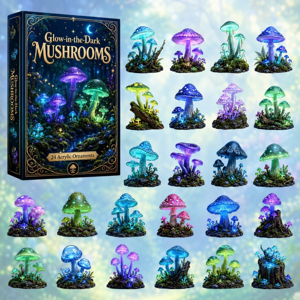 Glowing Mushrooms 24-Day Advent Calendar — Glow-In-The-Dark Acrylic Mushroom Charms, Magical Holiday Countdown & Nightlight Accent