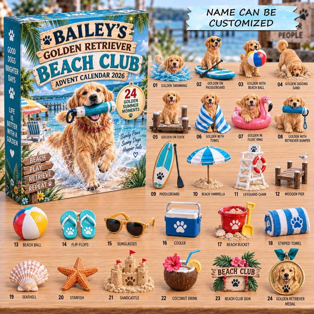 2026 Golden Retriever Beach Club Advent Countdown — 24-Day Acrylic Charm Calendar With Summer Surf Dog Charms & Gift Box