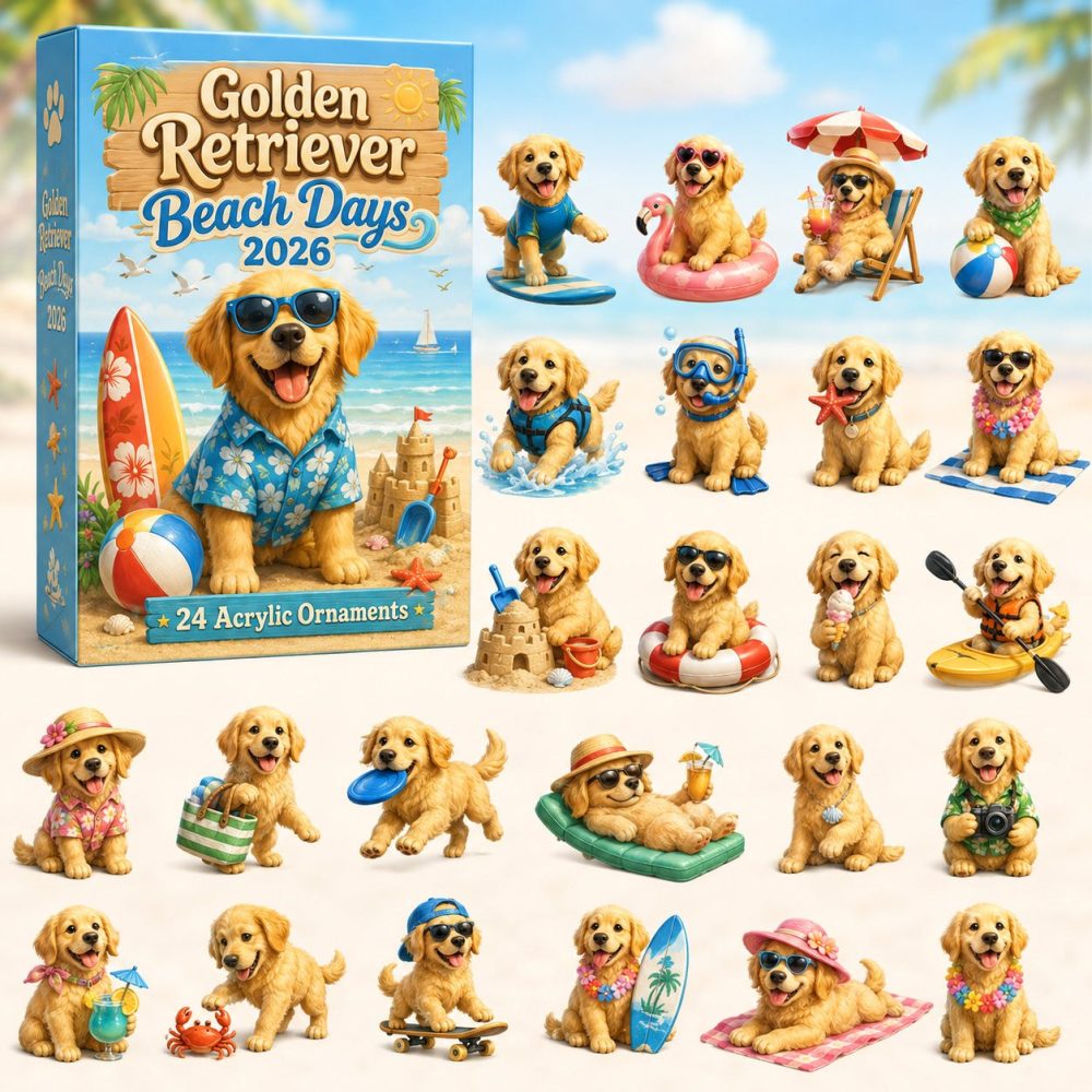 Golden Retriever Beach Days Advent Calendar 2026 — 24-Day Acrylic Charm Countdown, Sunny Holiday Gift For Dog Lovers