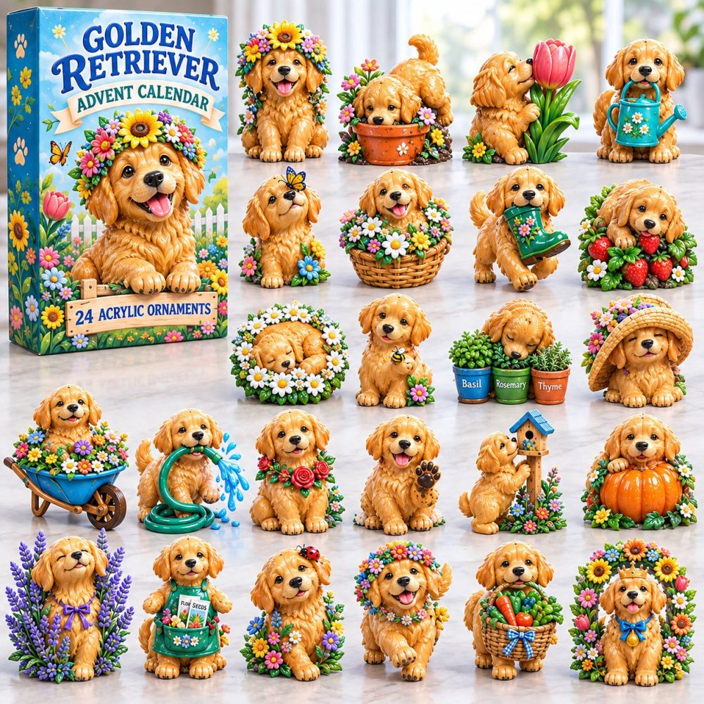 Sunflower & Golden Retriever Garden Advent Calendar 2026 — 24-Day Acrylic Charms, Floral Dog Lover Holiday Gift, Limited Edition