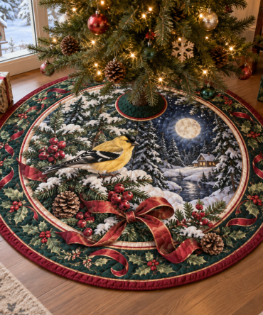 Goldfinch Quilted Tree Skirt For Christmas — Bright Yellow Songbird Motif, Reversible Soft Quilting, Festive Holiday Floor Cover, Easy-Care