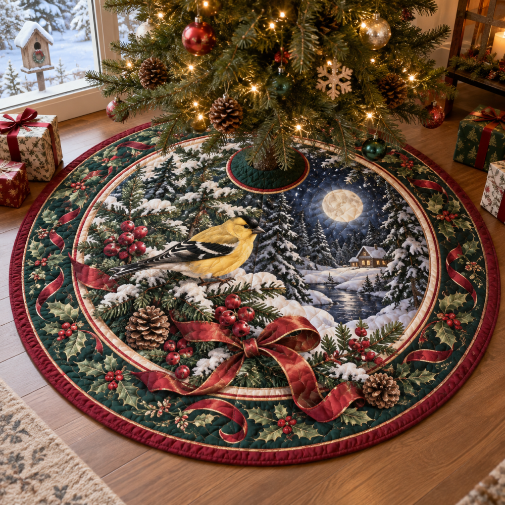 Goldfinch Quilted Tree Skirt For Christmas — Bright Yellow Songbird Motif, Reversible Soft Quilting, Festive Holiday Floor Cover, Easy-Care