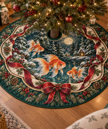 Goldfish Heritage Quilted Christmas Tree Skirt — 48" Round Premium Coastal Holiday Decor, Plush Lining, Machine-Washable, Gift-Ready
