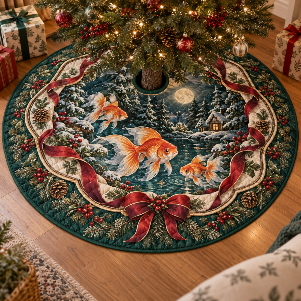 Goldfish Heritage Quilted Christmas Tree Skirt — 48" Round Premium Coastal Holiday Decor, Plush Lining, Machine-Washable, Gift-Ready