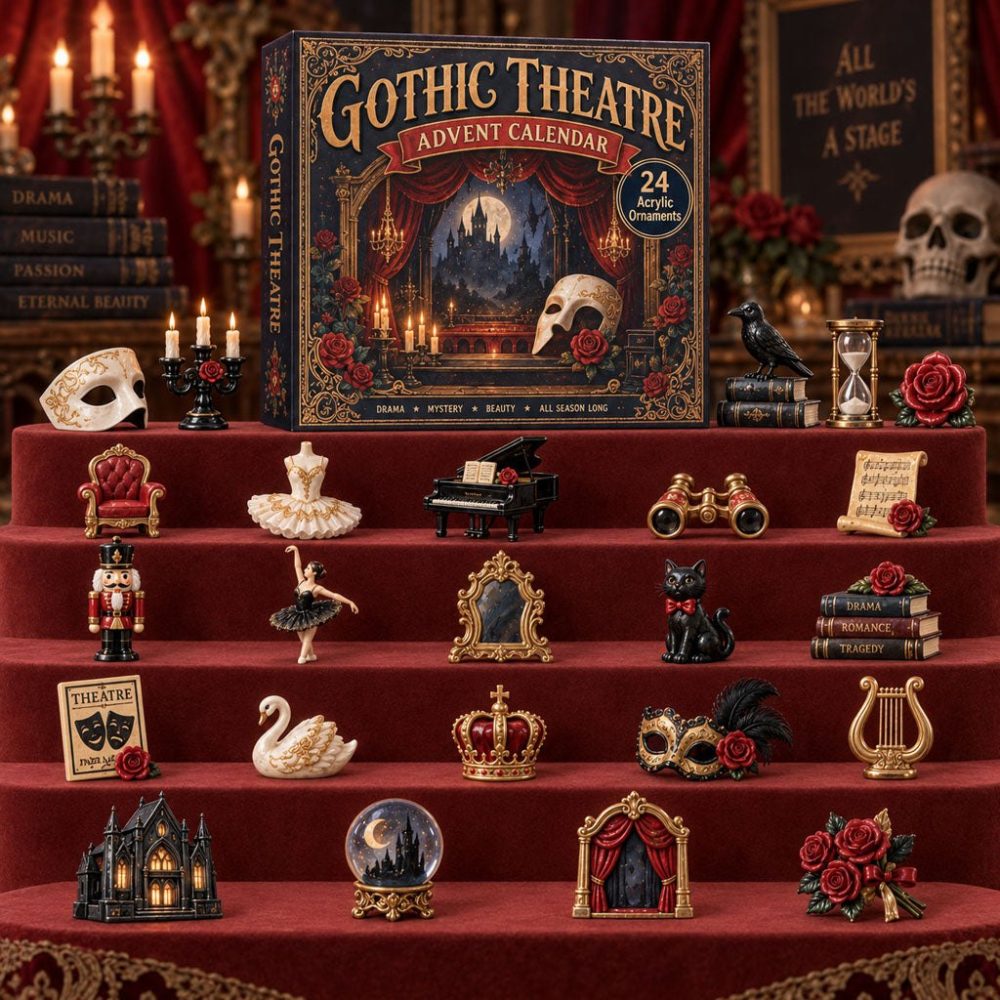 Gothic Theatre 2026 Advent Calendar — 24-Day Darkly Elegant Countdown With Gothic Acrylic Charms, Unique Holiday Gift For Gothic Fans