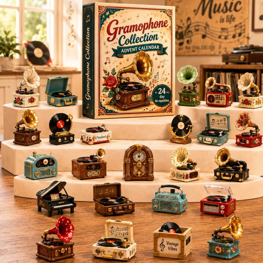 Vintage Gramophone Collection Countdown 2026 – 24-Day Acrylic Charm Advent Featuring Antique Music Player Icons