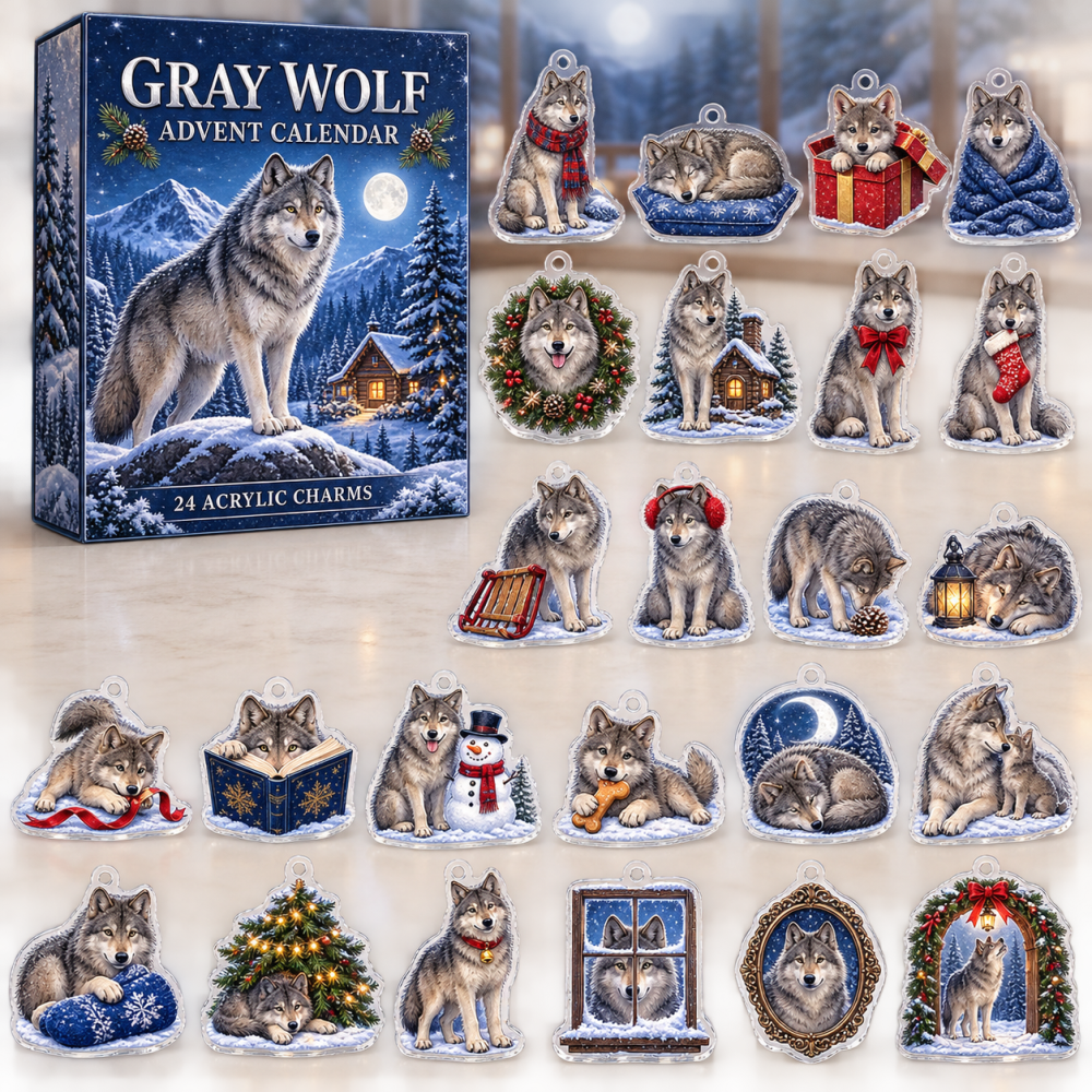 Gray Wolf Holiday Advent Collection — 24 Acrylic Charm Days For Nature Lovers, Unique Countdown Ornaments & Gift Ready Set