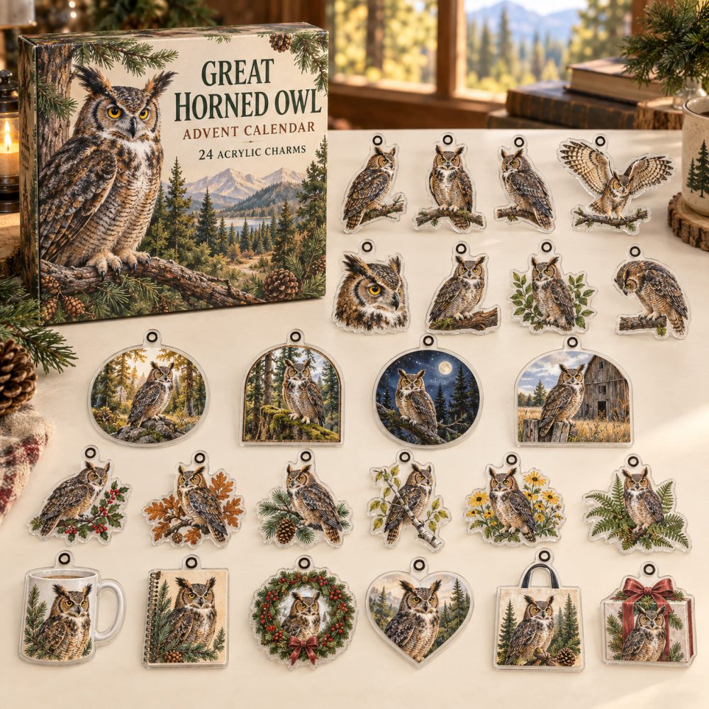 Great Horned Owl 24-Day Countdown — Bold Acrylic Great Horned Owl Charms For Advent, Ornaments & Gifts , Wildlife Enthusiast Set