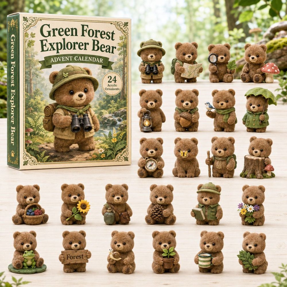 2026 Green Forest Explorer Bear Countdown Calendar — 24 Adventure-Themed Acrylic Charms, Kids & Nature Gift