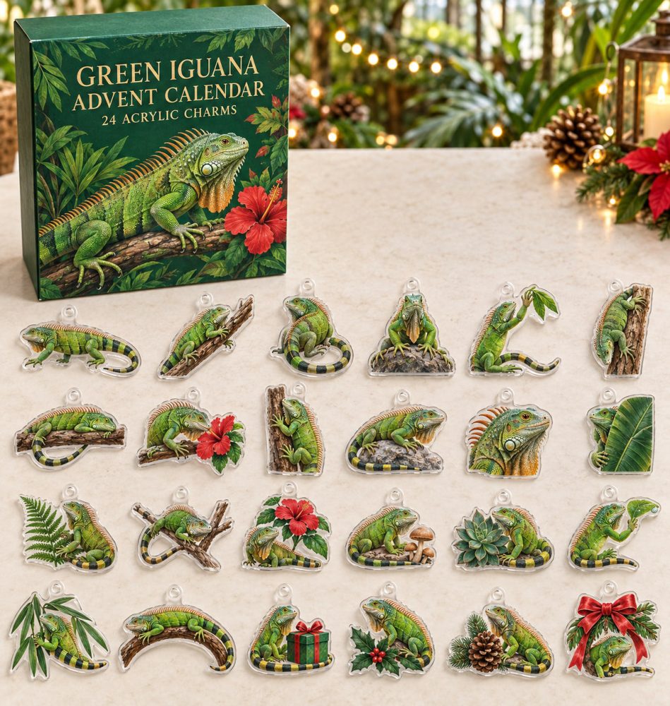 Green Iguana Advent Calendar - 24 Acrylic Charm Surprises, Tropical Reptile Countdown Gift For Iguana Fans & Collectors