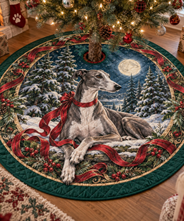 Greyhound Quilted Holiday Tree Skirt — Sleek Plush Christmas Base, Lightweight Padding, Machine-Washable & Elegant Dog-Lover Gift