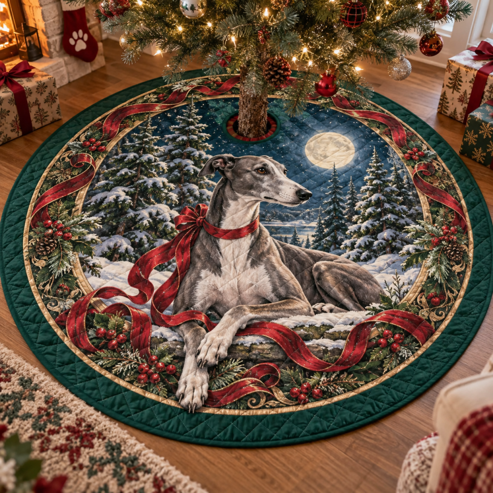 Greyhound Quilted Holiday Tree Skirt — Sleek Plush Christmas Base, Lightweight Padding, Machine-Washable & Elegant Dog-Lover Gift