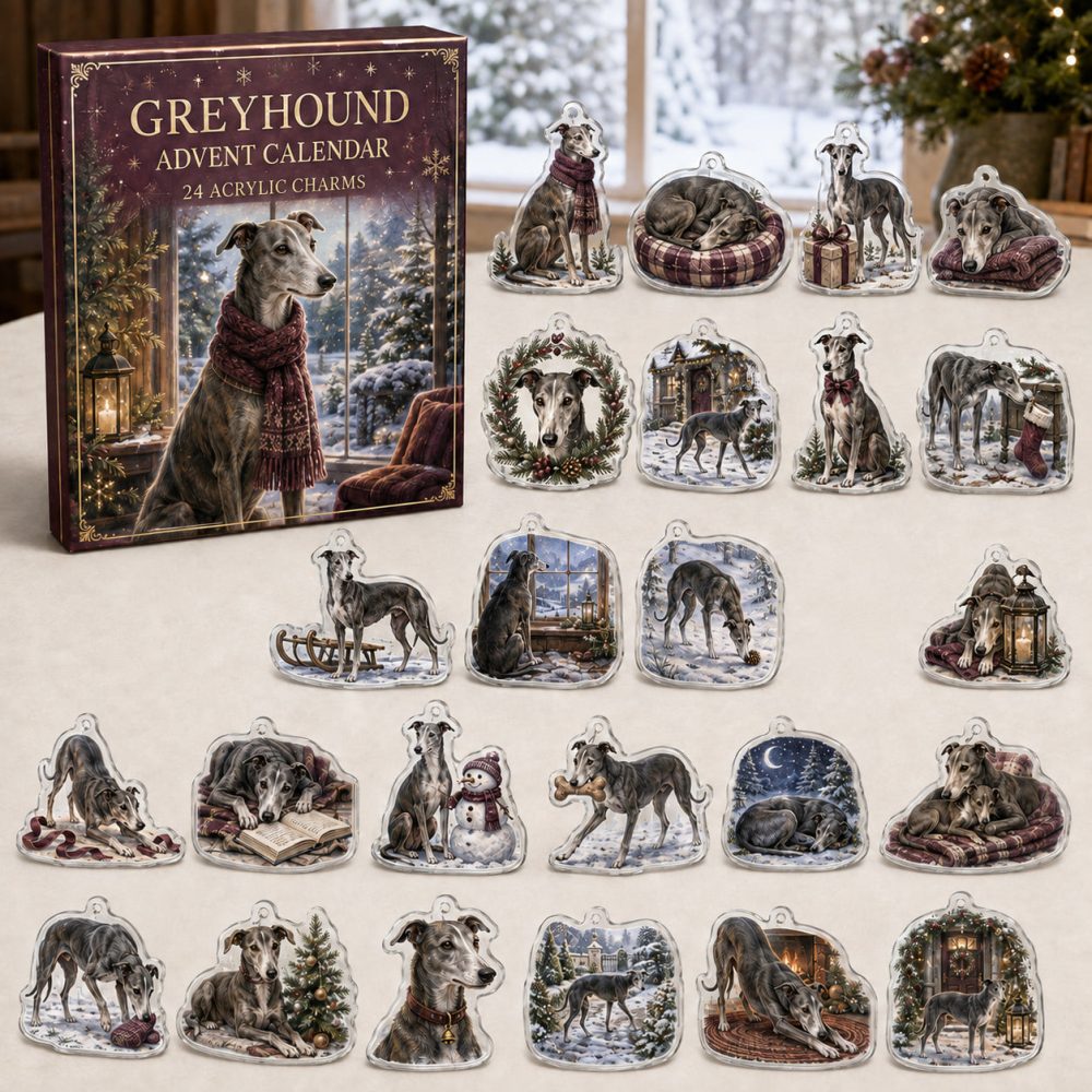 Greyhound Holiday Countdown Calendar — 24 Handcrafted Acrylic Dog Charms, Festive Gift For Greyhound Owners & Collectors