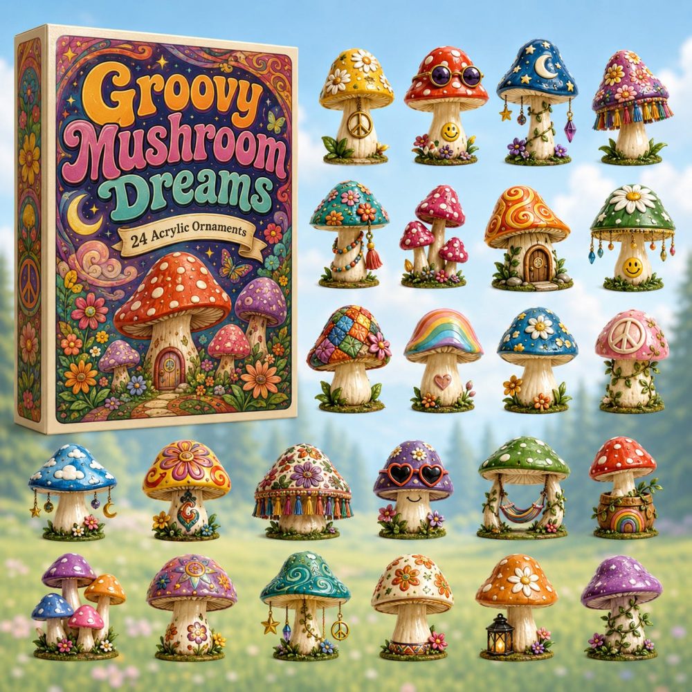 Groovy Mushroom Dreams 24-Day Advent Calendar — Retro Acrylic Mushroom Charms, Boho Holiday Countdown Gift & Stocking Stuffer