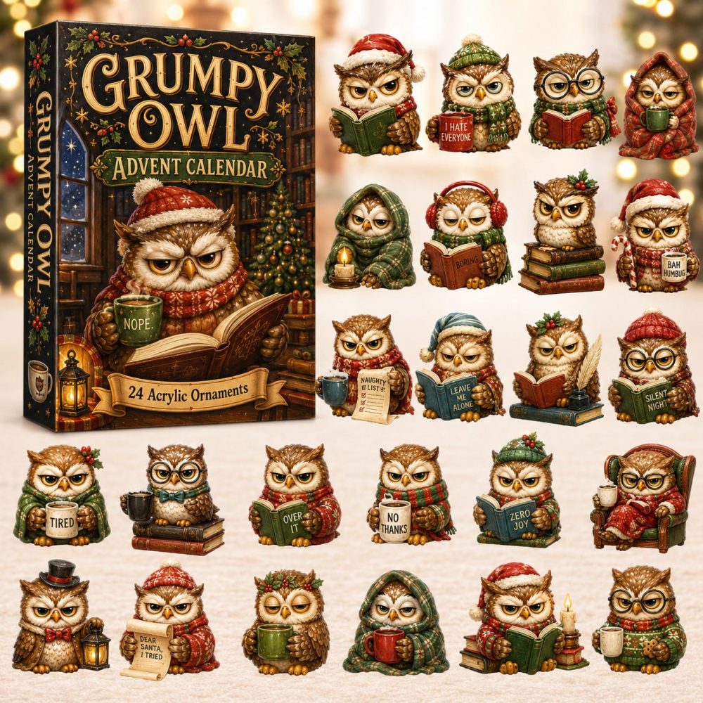Grumpy Owl 24-Day Advent Calendar — Whimsical Acrylic Owl Charms, Funny Holiday Countdown Gift For Kids & Bird Enthusiasts