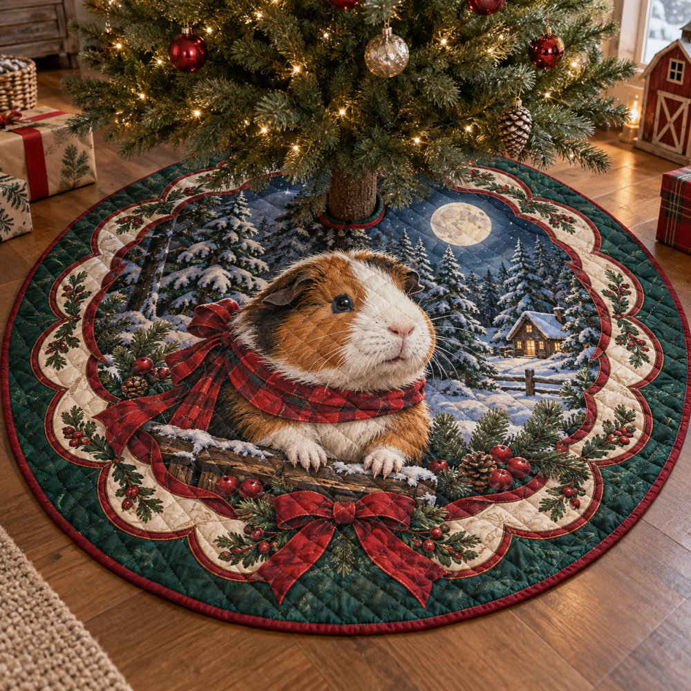 Guinea Pig Holiday Tree Skirt — Quilted, Reversible Plush Mat With Adorable Cavy Art, Easy-Care & Perfect Small Pet Gift