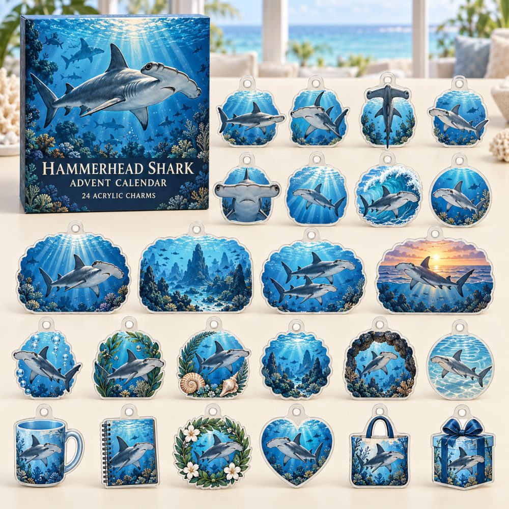 Hammerhead Shark 24-Day Holiday Advent Calendar — 24 Collectible Acrylic Ocean Charms, Unique Shark Gift For Kids & Adults