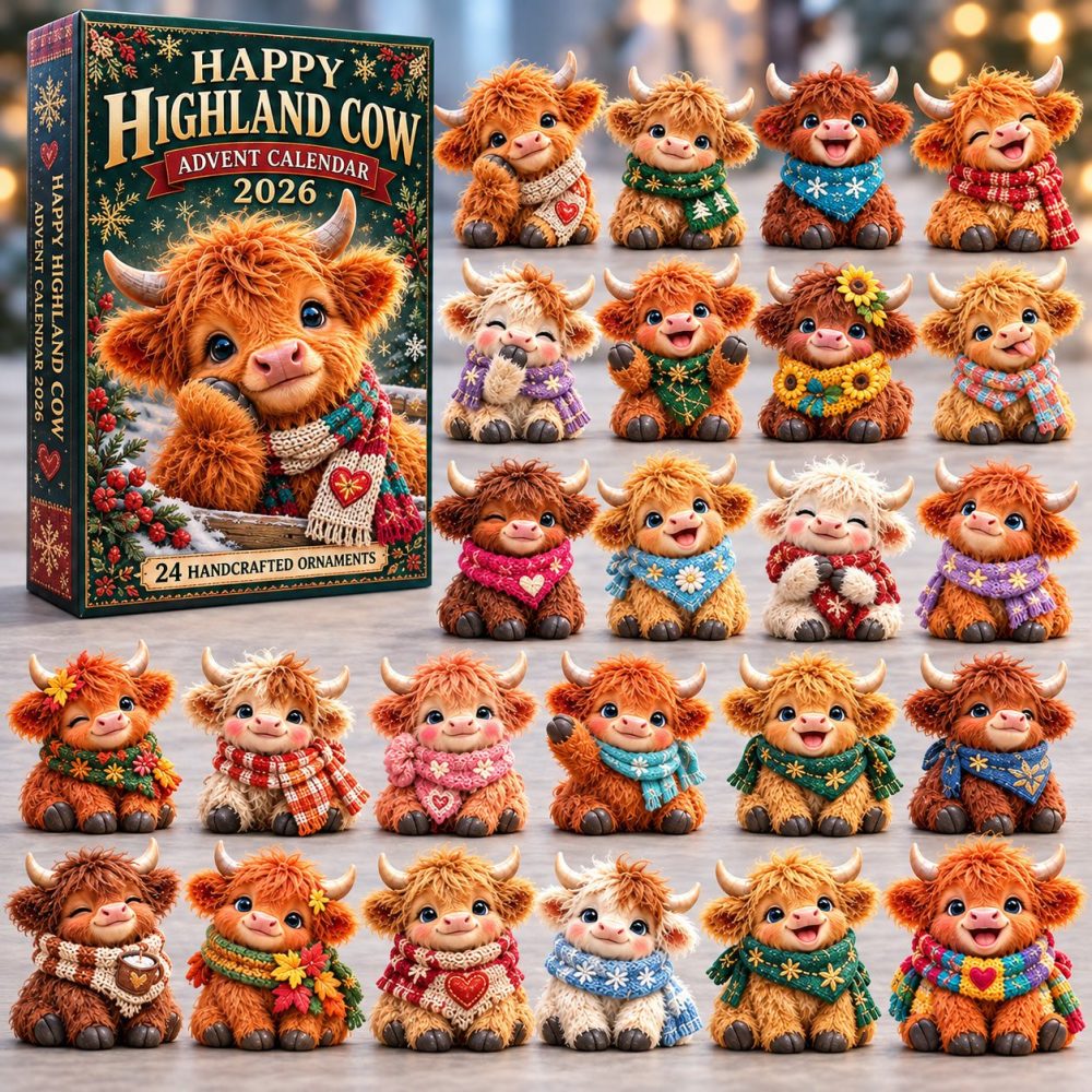 2026 Happy Highland Cow Countdown Calendar – 24-Day Acrylic Charms, Cheerful Scottish Cow Ornament Set & Holiday Gift