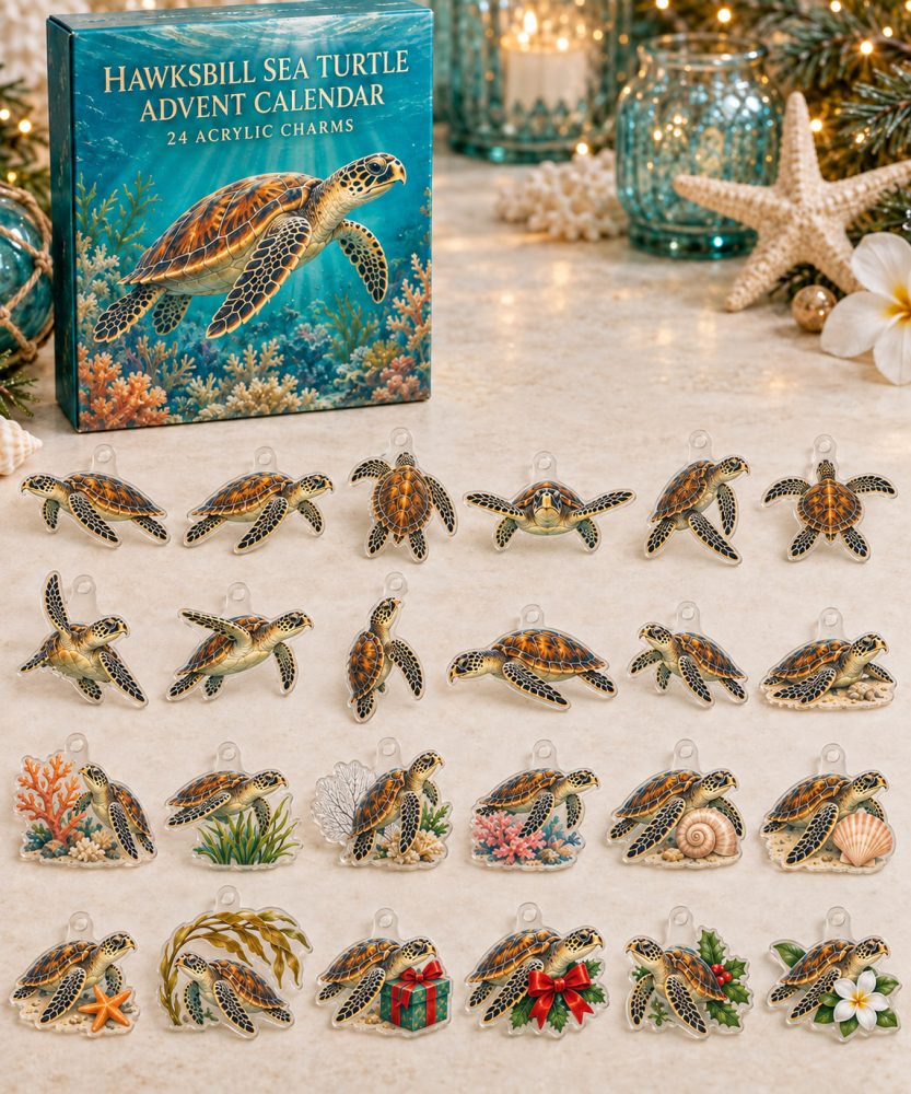 Hawksbill Sea Turtle Advent Calendar - 24 Ocean-Themed Acrylic Charm Surprises, Marine Life Holiday Countdown Gift