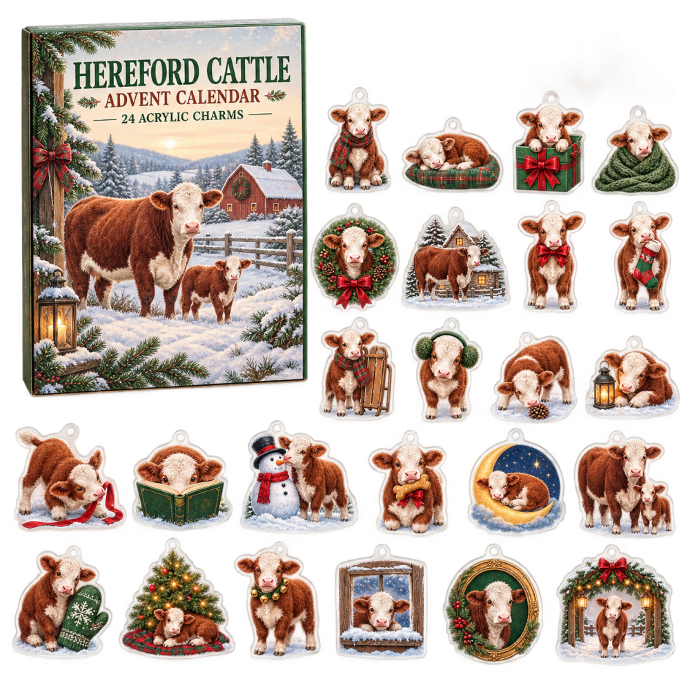 Hereford Cattle Holiday Countdown Bundle — 24 Acrylic Charm Collection For Ranch & Farm Fans, Festive Advent Ornaments & Gifts