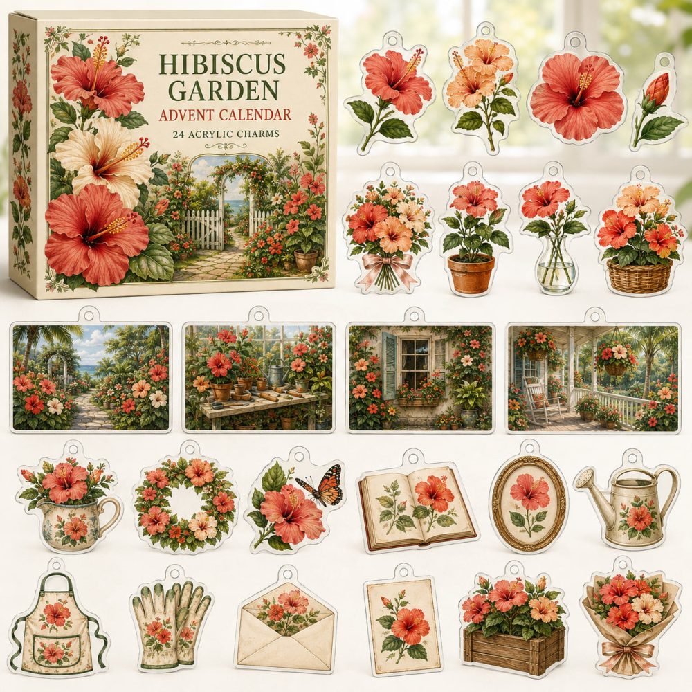 24-Day Acrylic Charm Countdown Of Hibiscus Blooms — Vibrant Tropical Charm Collection, Great Gift For Summer, Beach & Gardening Fans