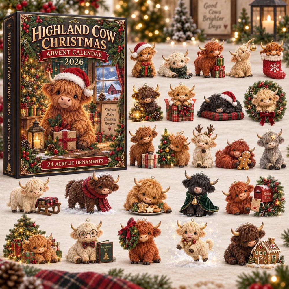 Snowy Window Highland Cow Christmas Countdown 2026 — 24-Day Acrylic Charm Advent For Cozy Farmhouse Holiday Decor & Gifts