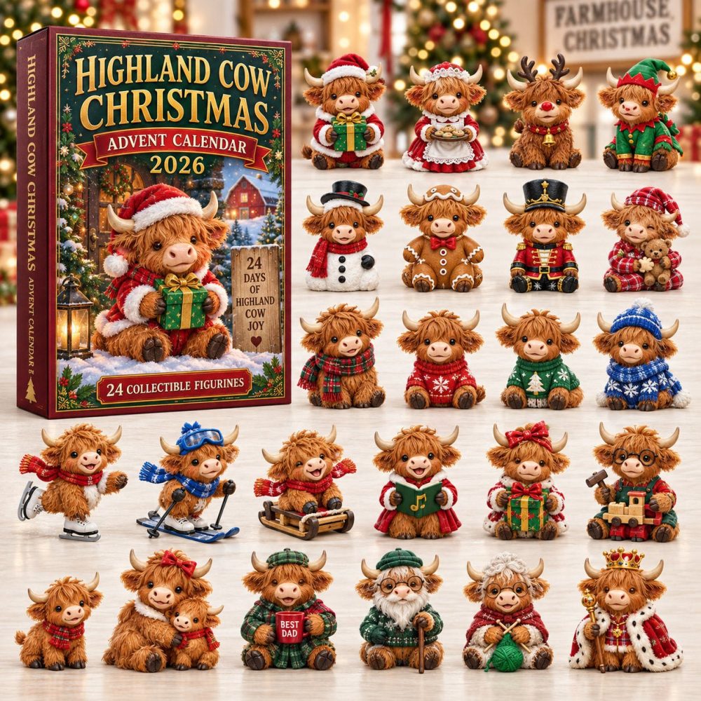 Cozy Highland Cow Christmas Countdown 2026 — 24 Rustic Acrylic Charms & Mini Ornaments, Farmhouse Holiday Gift Set