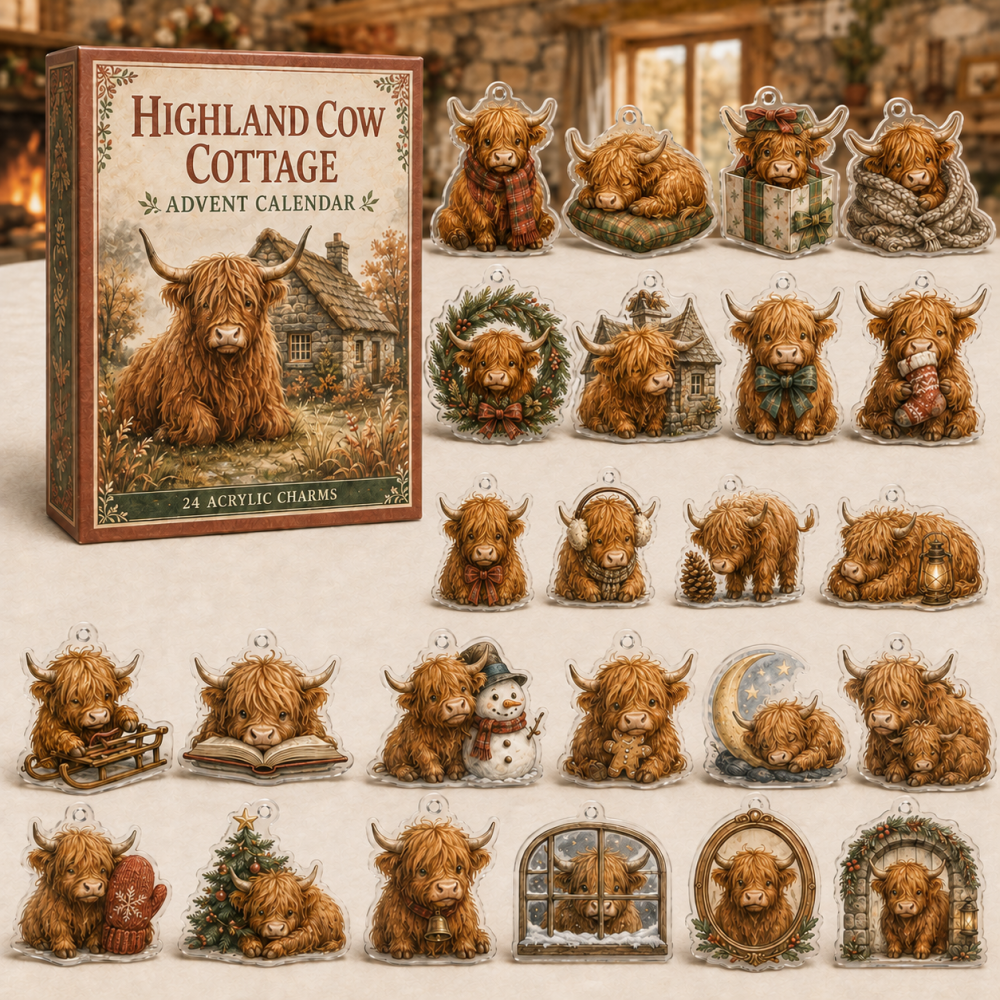 Highland Cow Cottage Countdown — 24 Acrylic Charms Advent Calendar For Farmhouse Fans, Rustic Holiday Gifts