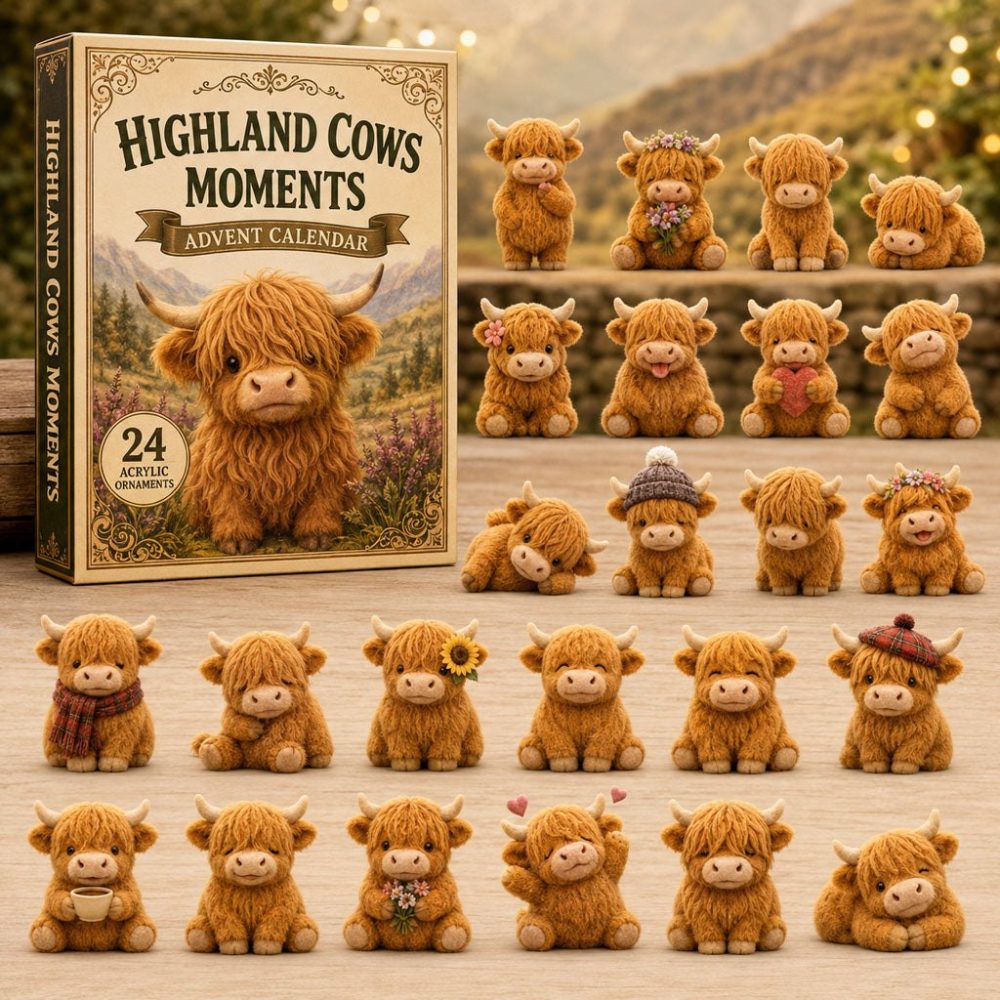 Highland Cow Holiday Charm Advent Calendar 2026 — 24-Day Acrylic Charms Countdown, Cute Scottish Farm Gift