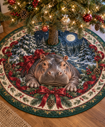 Hippopotamus Quilted Christmas Tree Skirt — Playful Hippo Motif, Oversized Quilting, Reversible, Thick Cotton Batting, Cozy Holiday Accent