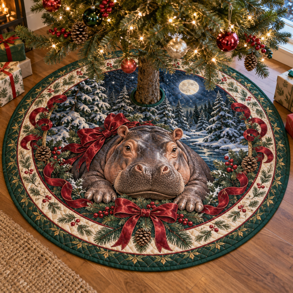 Hippopotamus Quilted Christmas Tree Skirt — Playful Hippo Motif, Oversized Quilting, Reversible, Thick Cotton Batting, Cozy Holiday Accent