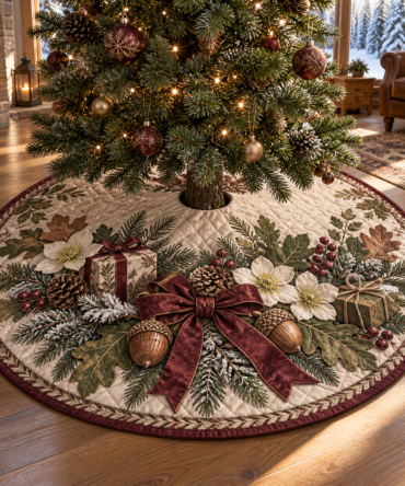 Handstitched Quilted Acorn Tree Skirt — 48" Autumn-To-Winter Acorn Motif Christmas Cover For Cozy Rustic Holiday Styling