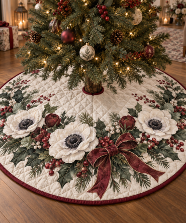Charming Holiday Anemone Quilted Tree Skirt — Floral Christmas Tree Skirt With Bold Anemone Design, Soft Layered Cotton Blend