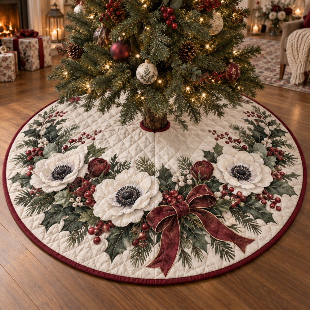 Charming Holiday Anemone Quilted Tree Skirt — Floral Christmas Tree Skirt With Bold Anemone Design, Soft Layered Cotton Blend