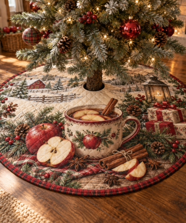 Cozy Quilted Apple Cider Christmas Tree Skirt — Warm Holiday Beverage-Themed Tree Skirt, Rustic Kitchen-Inspired Festive Accent