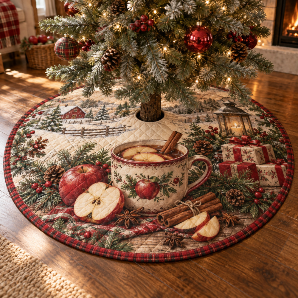 Cozy Quilted Apple Cider Christmas Tree Skirt — Warm Holiday Beverage-Themed Tree Skirt, Rustic Kitchen-Inspired Festive Accent