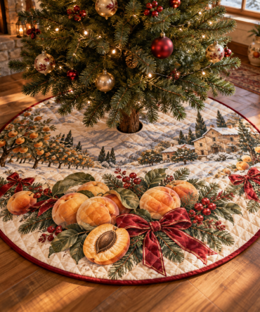 Plush Quilted Tree Skirt With Apricot Motif - Bright Christmas Tree Base Cover, Cozy Holiday Decor & Low-Maintenance