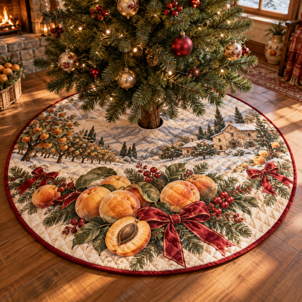 Plush Quilted Tree Skirt With Apricot Motif - Bright Christmas Tree Base Cover, Cozy Holiday Decor & Low-Maintenance