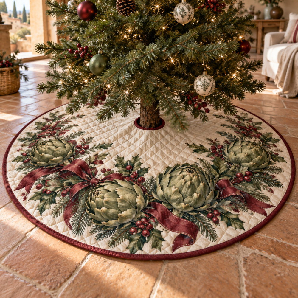 Modern Quilted Christmas Tree Skirt With Holiday Artichoke Pattern — 48" Neutral-Tone Base, Durable Cotton Blend, Easy-Care Festive Accent